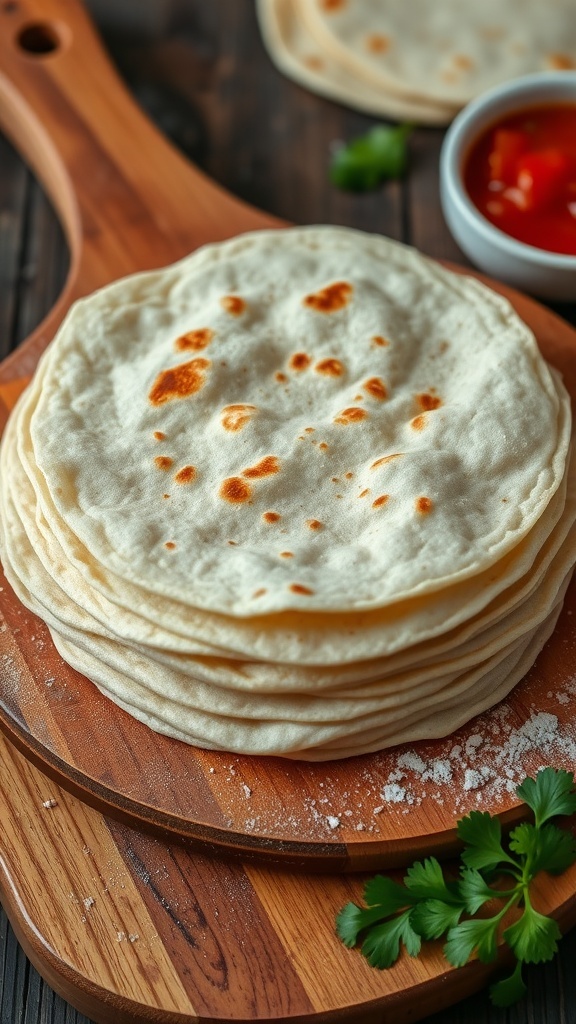 Easy 5-Ingredient Tortillas Recipe Freshly made tortillas stacked on a wooden board with salsa and cilantro.